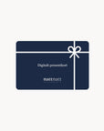 Navy blue gift card with white text and decorative bow on a white background