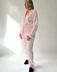 Långärmad pyjamas dam - rosa med vita detaljer