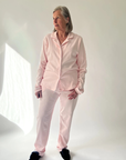 Långärmad pyjamas dam - rosa med vita detaljer