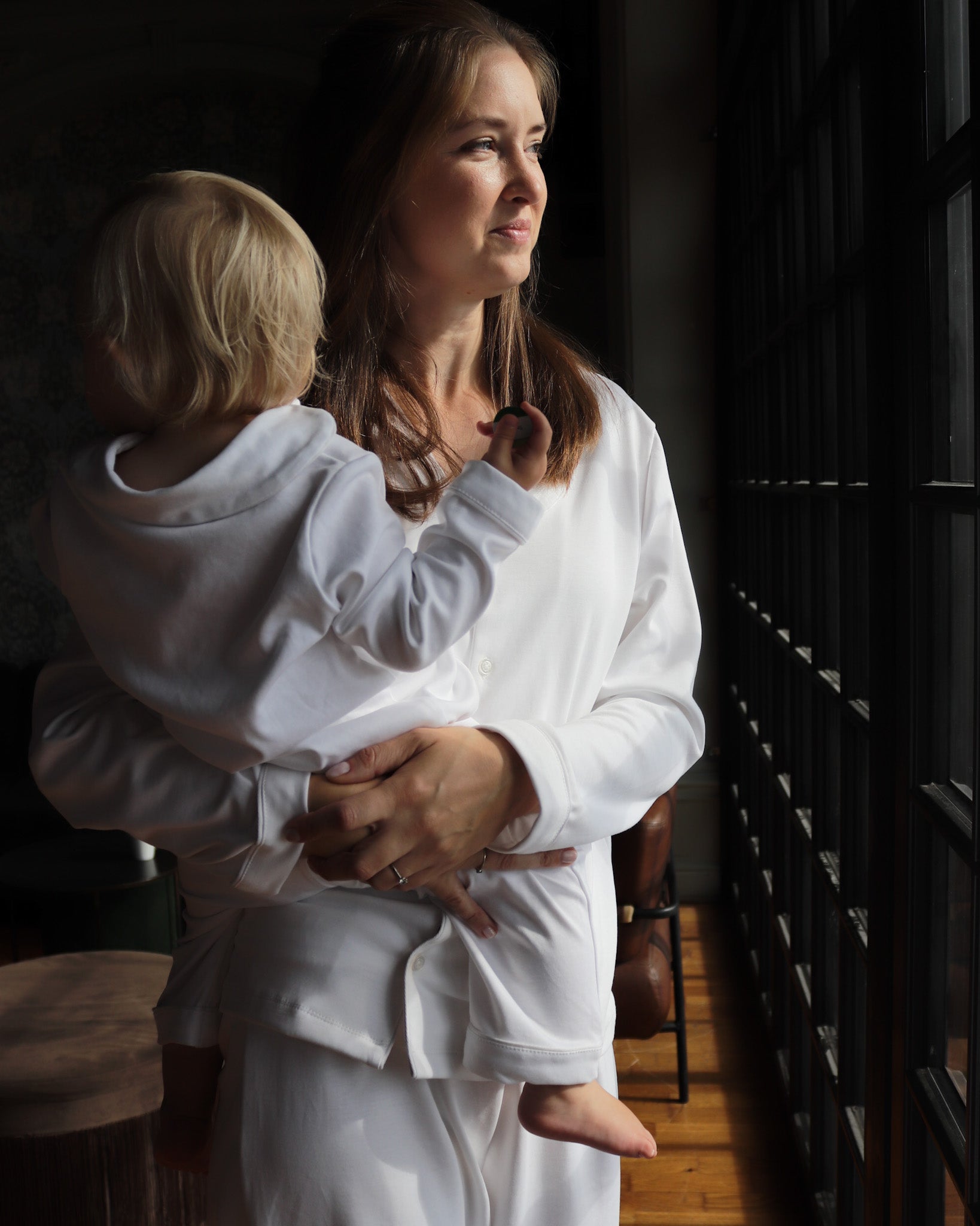 Långärmad pyjamas barn - vit med vita detaljer